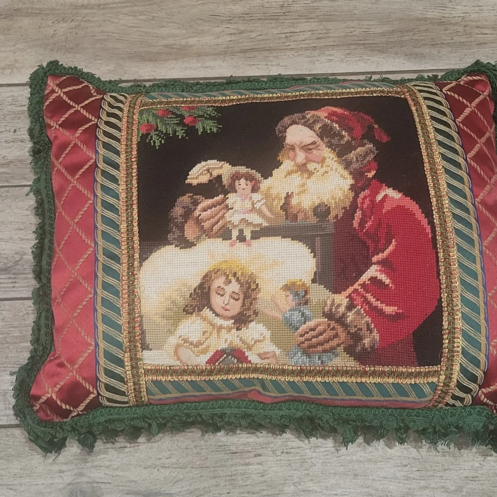 Vintage Santa Claus with Dolls Large needpoint pillow very full velvet backing